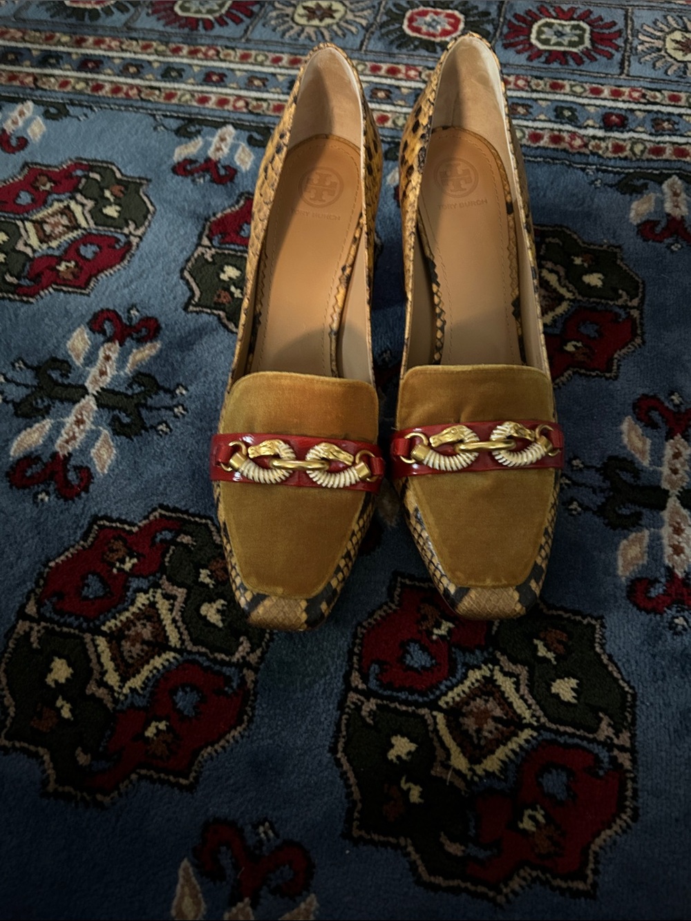 Tory Burch Mustard Velvet Loafers with Red & Snakeskin Trim Zebra Buckle Size 11